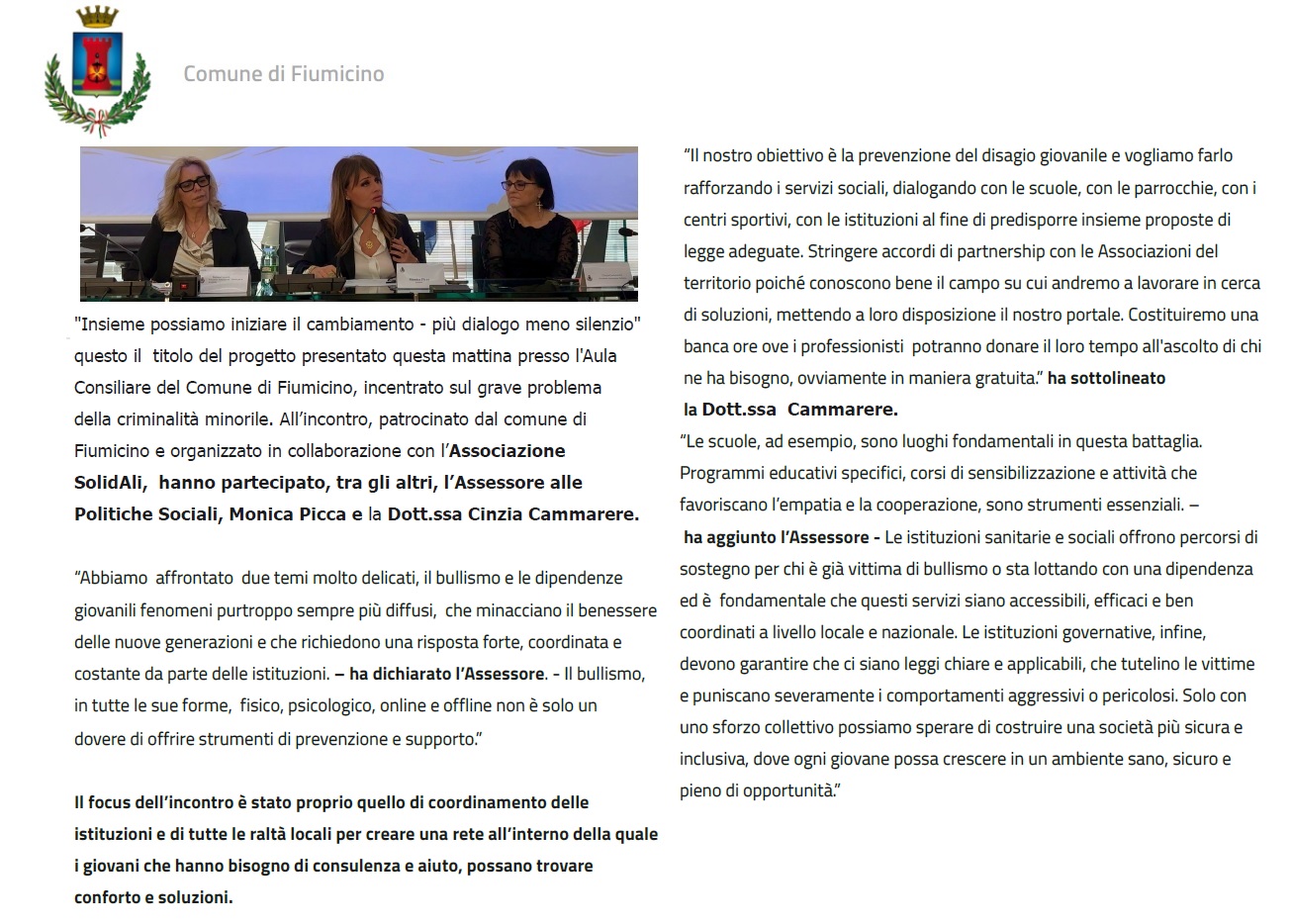 ALL. 9 COMUNICATO STAMPA AL CONVEGNO DI PRESENTAZIONE DEL PROGETTO A FIUMICINO